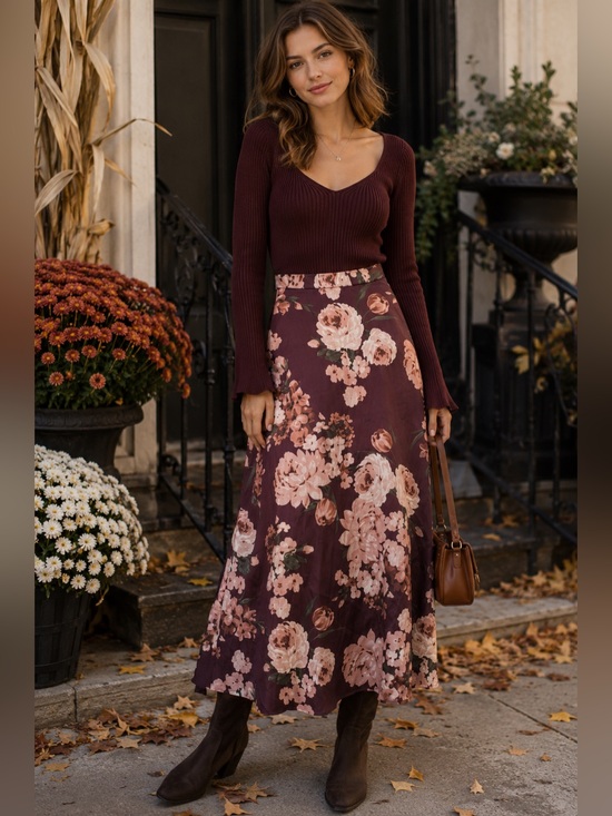 Windsor Dresses & Skirts - Windsor Floral Satin Cottagecore Maxi Skirt Burgundy Pink A-Line Balletcore Fall